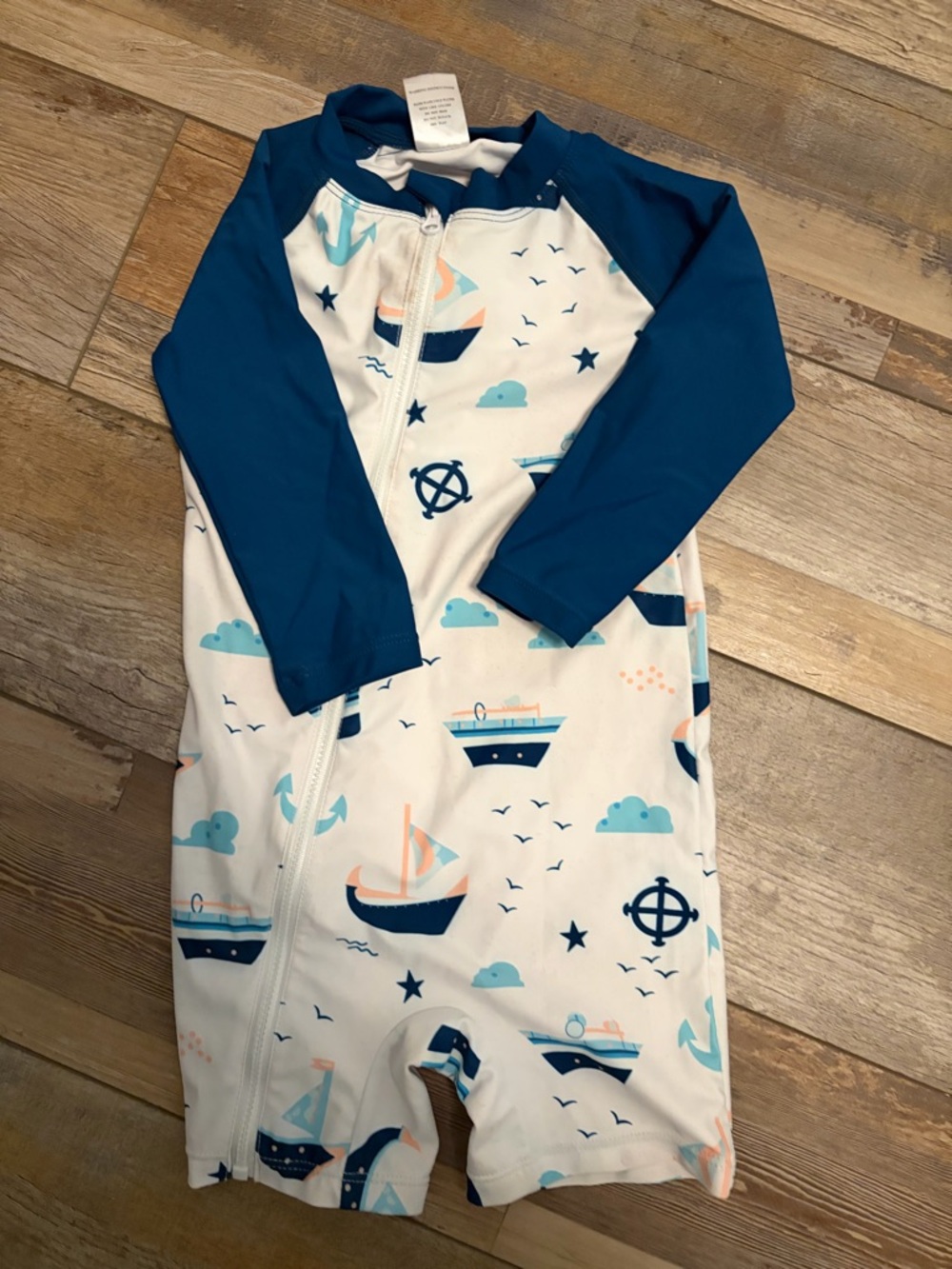 Kids Navy Blue & White Nautical Rashguard Swimsuit
